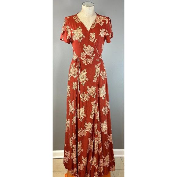 Lulus Heart of Marigold Floral Wrap Dress in Rust Red Size M - Picture 1 of 4
